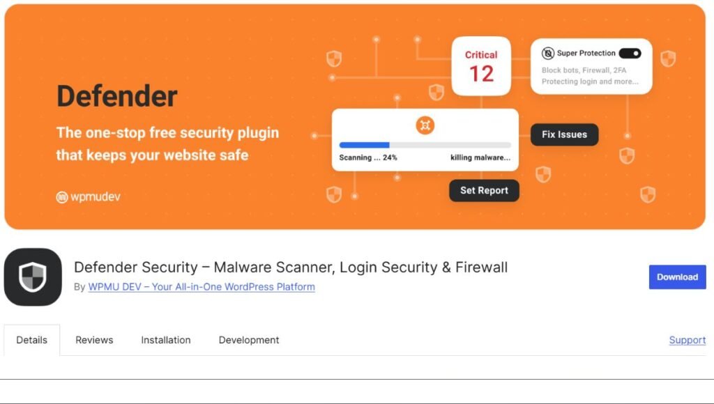 Defender malware scanner from the best free WordPress security plugins, checking files for issues.